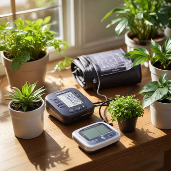 A solar-powered blood pressure monitor rests on a wooden table surrounded by potted plants and sunlight.